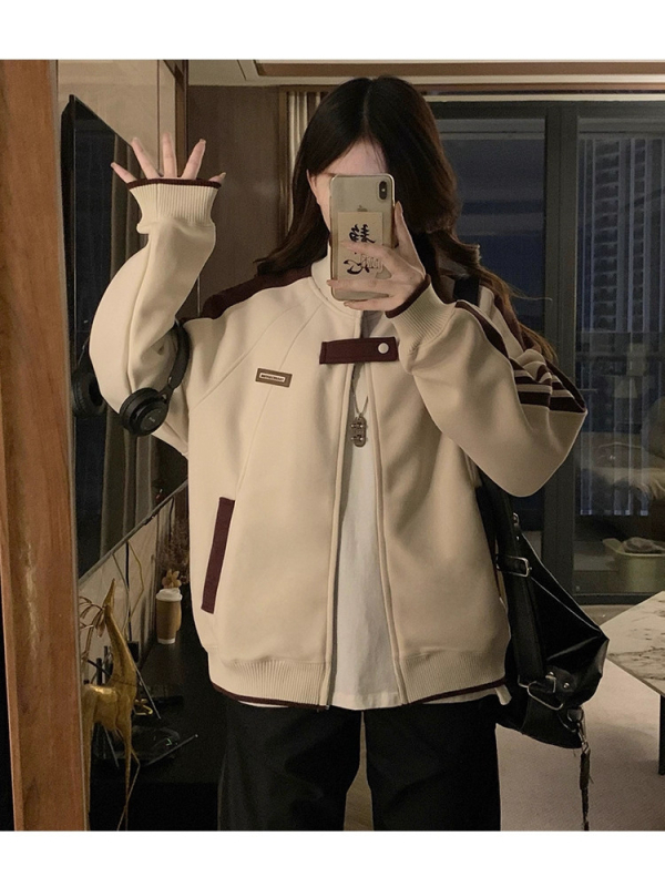 Unisex jakna otporna na vjetar s stojećim ovratnikom i zipom, ležernog kroja, dizajn s kontrastnim tri trake