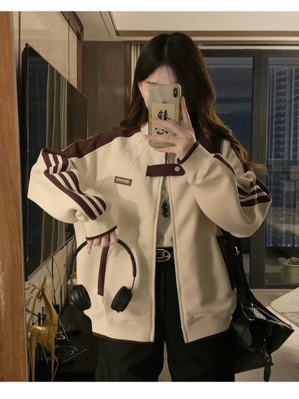 Unisex jakna otporna na vjetar s stojećim ovratnikom i zipom, ležernog kroja, dizajn s kontrastnim tri trake