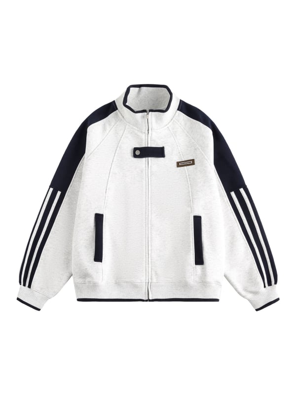 Unisex jakna otporna na vjetar s stojećim ovratnikom i zipom, ležernog kroja, dizajn s kontrastnim tri trake