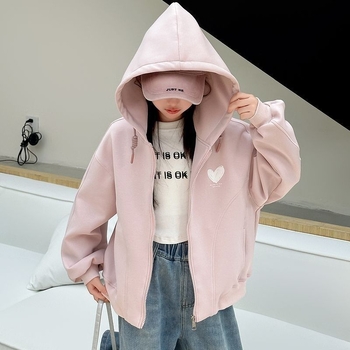 Dječja jakna za djevojčice u korejskom stilu s kapuljačom, zatvarač, dugi rukavi, srednja duljina