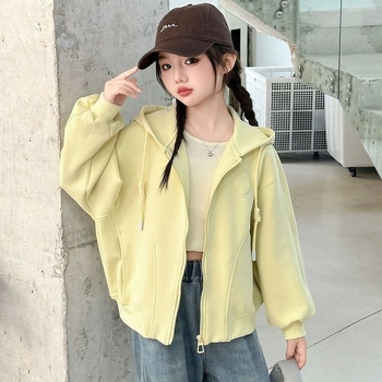 Dječja jakna za djevojčice u korejskom stilu s kapuljačom, zatvarač, dugi rukavi, srednja duljina