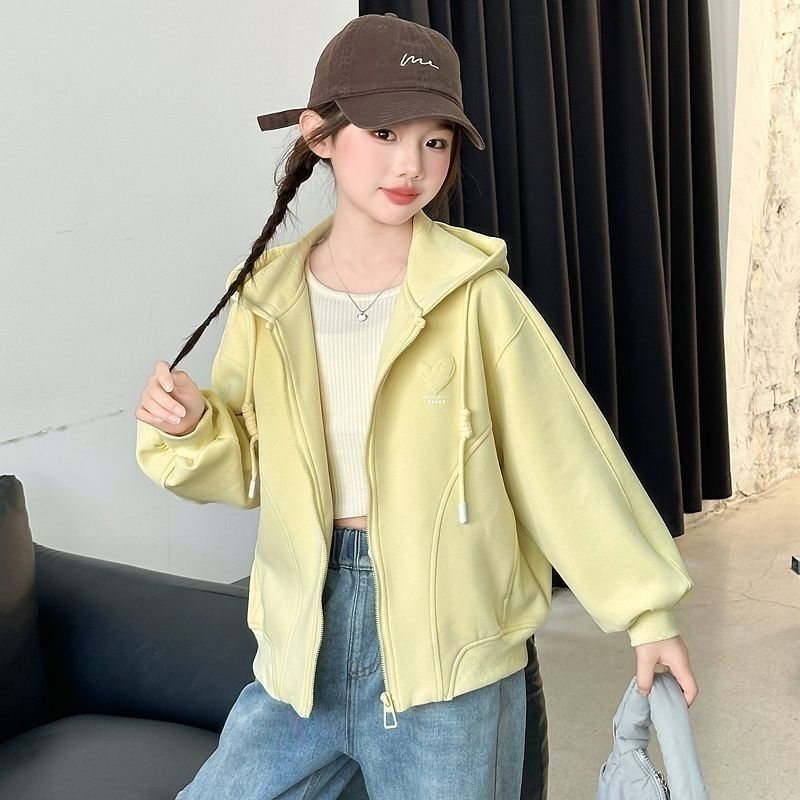 Dječja jakna za djevojčice u korejskom stilu s kapuljačom, zatvarač, dugi rukavi, srednja duljina