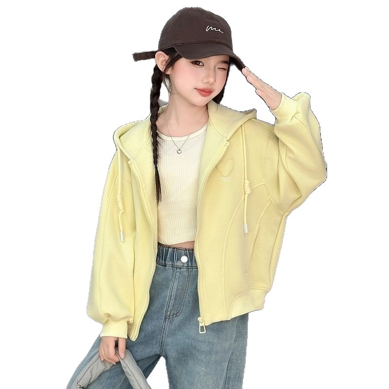 Dječja jakna za djevojčice u korejskom stilu s kapuljačom, zatvarač, dugi rukavi, srednja duljina