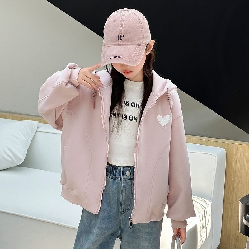 Dječja jakna za djevojčice u korejskom stilu s kapuljačom, zatvarač, dugi rukavi, srednja duljina