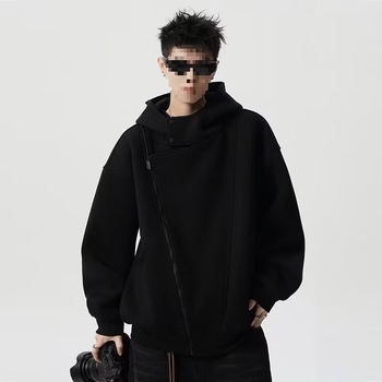 Geacă de bărbați cu glugă, fermoar frontal, poliester gros, guler înalt – Iarnă