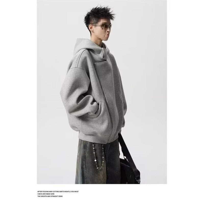 Geacă de bărbați cu glugă, fermoar frontal, poliester gros, guler înalt – Iarnă