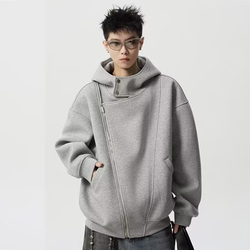 Geacă de bărbați cu glugă, fermoar frontal, poliester gros, guler înalt – Iarnă