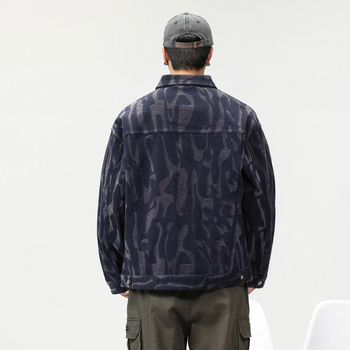 Geacă denim din bumbac, croială lejeră, stil japonez, guler rever, închidere cu un singur nasture