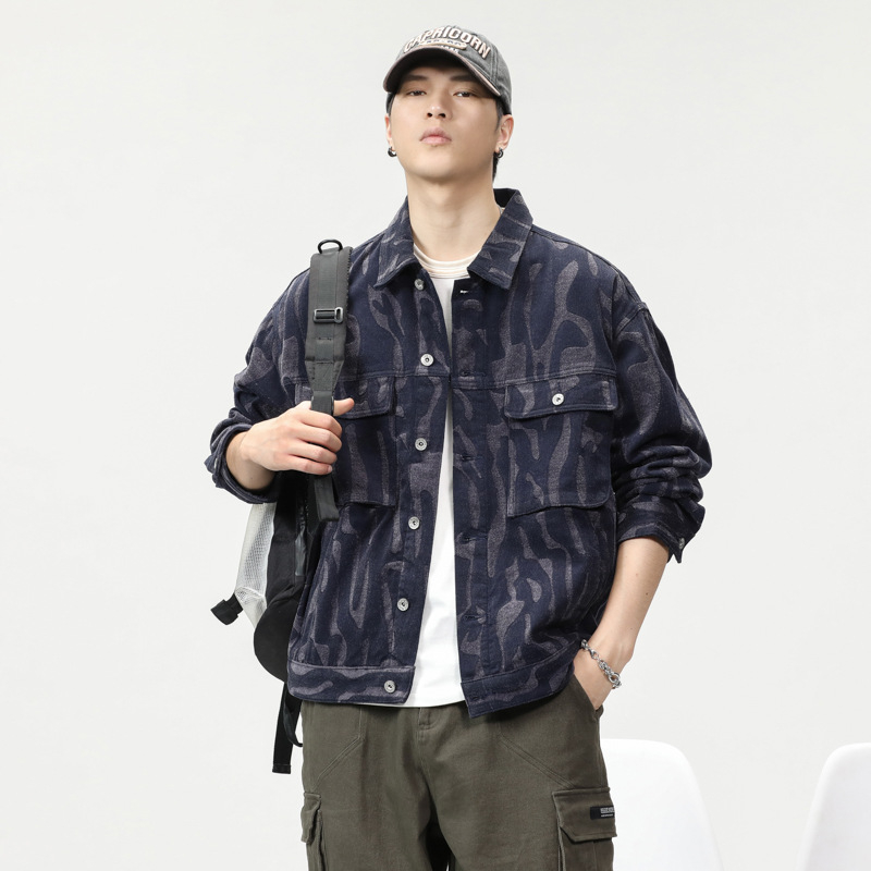 Geacă denim din bumbac, croială lejeră, stil japonez, guler rever, închidere cu un singur nasture