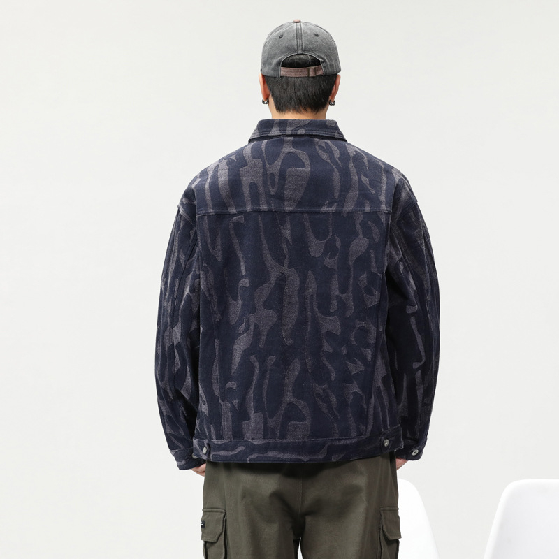 Geacă denim din bumbac, croială lejeră, stil japonez, guler rever, închidere cu un singur nasture