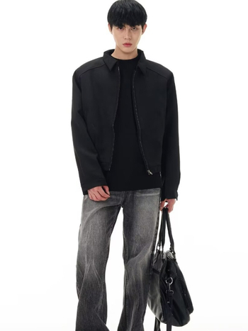 Muška kratka jakna u korejskom stilu, opuštenog kroja, s ovratnikom tipa lapel, zatvara se na zip, 100% poliester