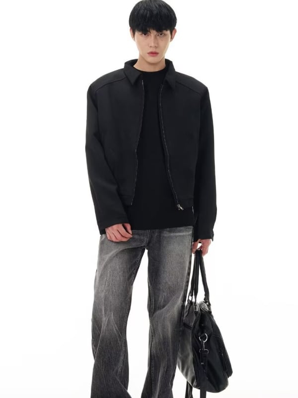 Muška kratka jakna u korejskom stilu, opuštenog kroja, s ovratnikom tipa lapel, zatvara se na zip, 100% poliester