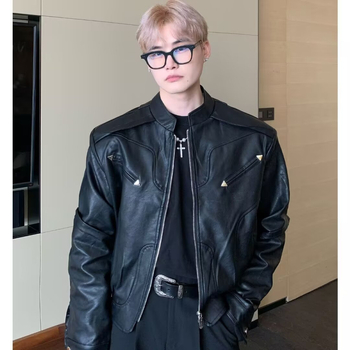 Jakna, japanski retro stil, stojeći ovratnik, zip prednji, slobodan kroj, uzorak color-block