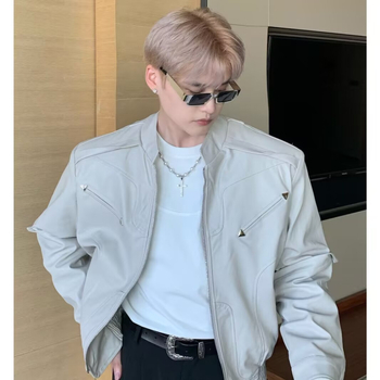 Jakna, japanski retro stil, stojeći ovratnik, zip prednji, slobodan kroj, uzorak color-block