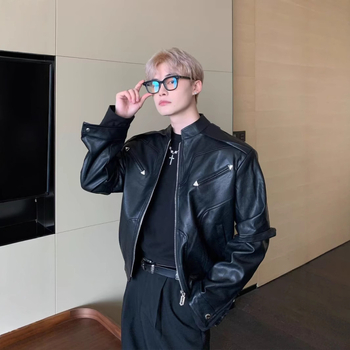 Jakna, japanski retro stil, stojeći ovratnik, zip prednji, slobodan kroj, uzorak color-block