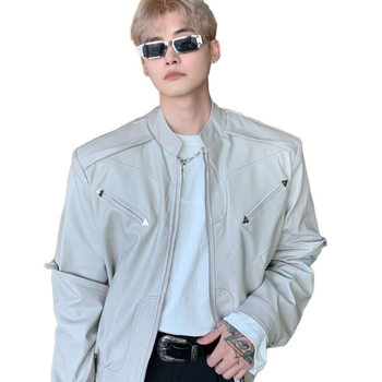 Jakna, japanski retro stil, stojeći ovratnik, zip prednji, slobodan kroj, uzorak color-block