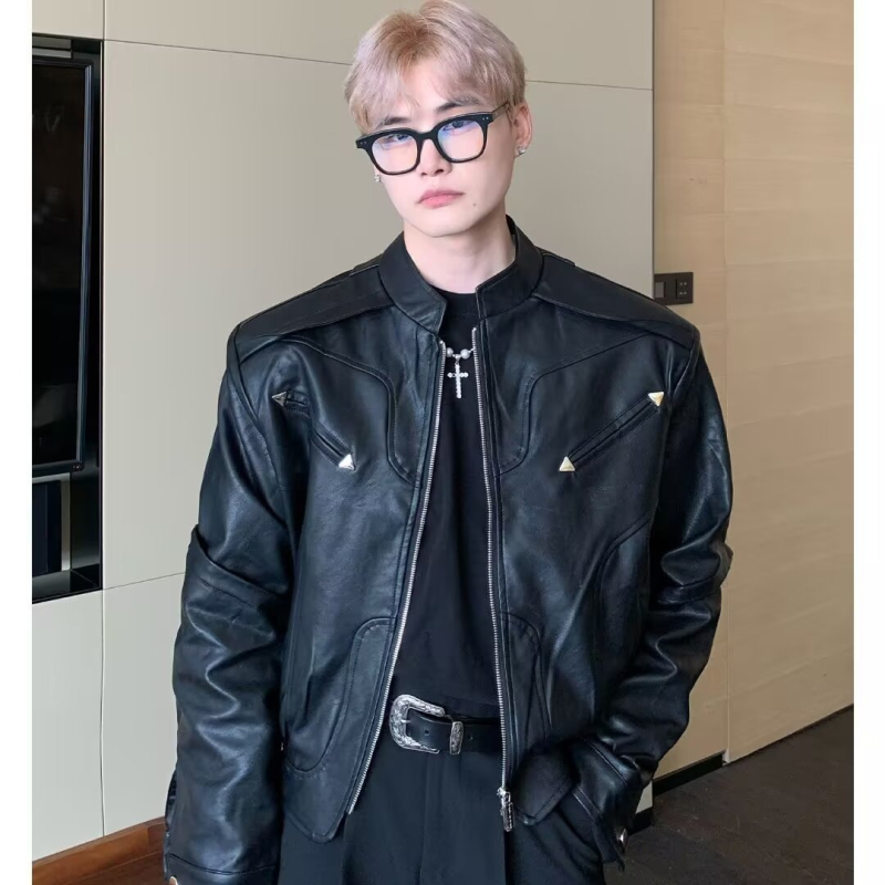 Jakna, japanski retro stil, stojeći ovratnik, zip prednji, slobodan kroj, uzorak color-block