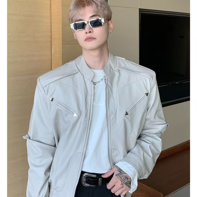 Jakna, japanski retro stil, stojeći ovratnik, zip prednji, slobodan kroj, uzorak color-block