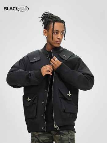 BLACKGTS pánska retro vetruodolná bunda s kovovou dekoráciou, bez goliera, zapínanie na zips, voľný strih
