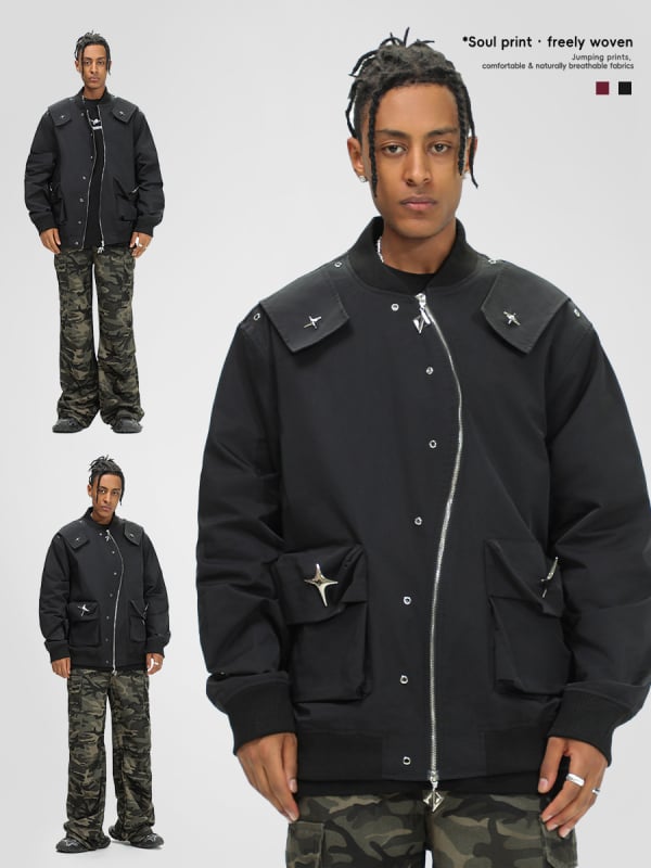 BLACKGTS pánska retro vetruodolná bunda s kovovou dekoráciou, bez goliera, zapínanie na zips, voľný strih