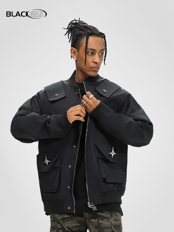 BLACKGTS pánska retro vetruodolná bunda s kovovou dekoráciou, bez goliera, zapínanie na zips, voľný strih
