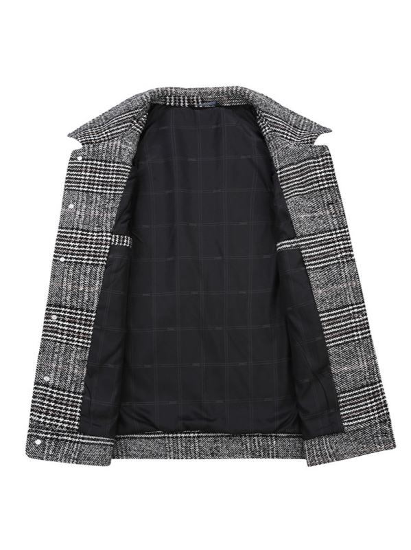 Sacou bărbătesc cu model în carouri, croială lejeră, guler rever, închidere cu nasturi pe un rând