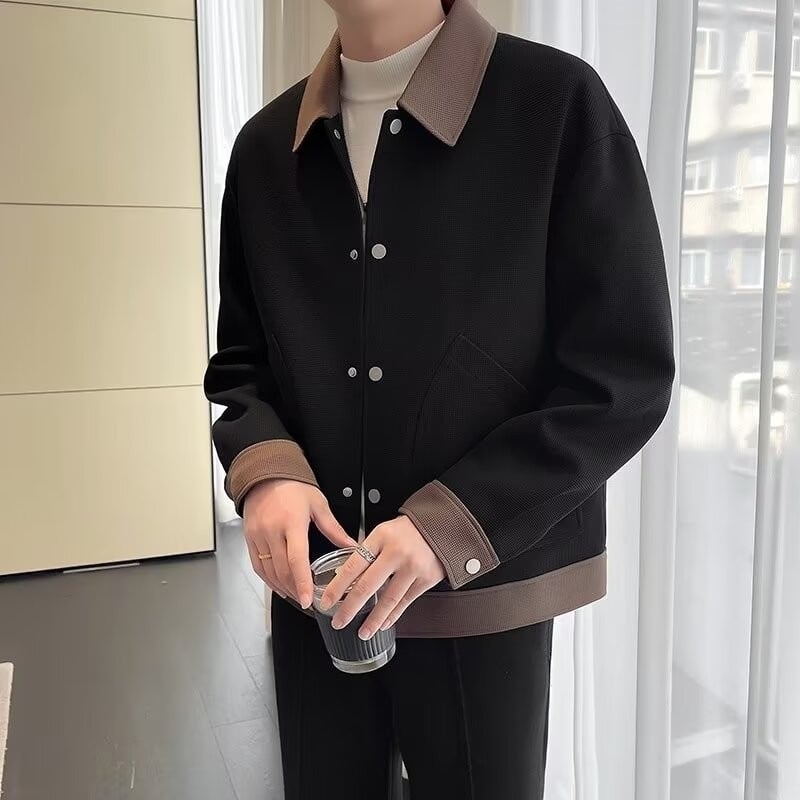 Muško sako s reverom, dvostruko kopčanje, korejski stil, slobodan kroj, uzorak blok boja