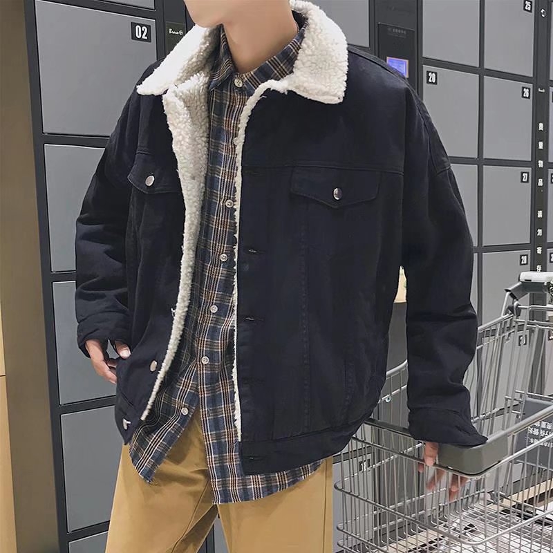 Geacă din denim pentru bărbați, croială slim, guler rever, nasturi frontali, mâneci lungi, pentru iarnă