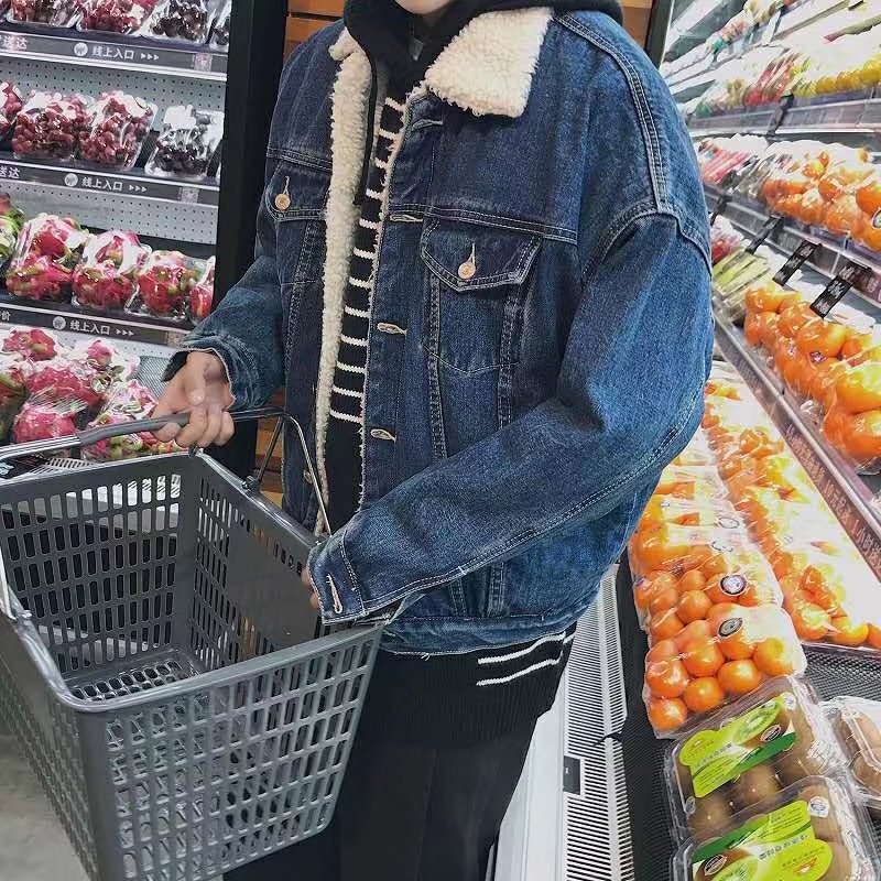 Geacă din denim pentru bărbați, croială slim, guler rever, nasturi frontali, mâneci lungi, pentru iarnă