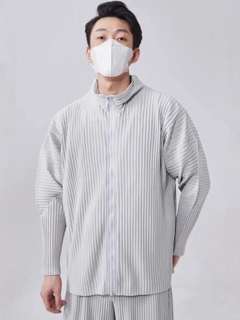 Geacă de bărbați cu pliuri, guler înalt, fermoar, croială lejeră, stil japonez