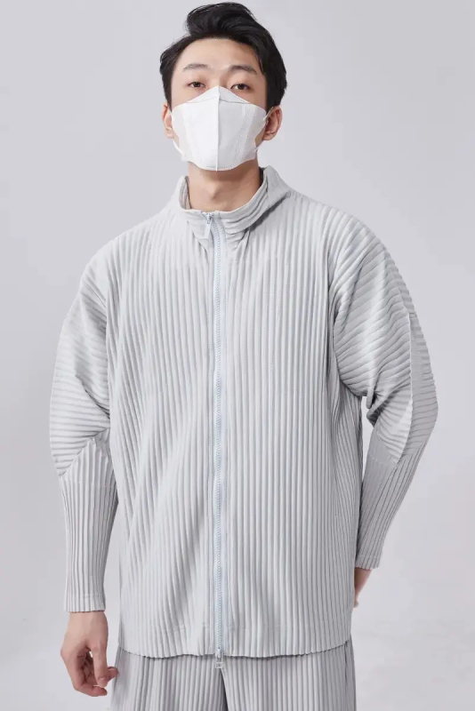 Geacă de bărbați cu pliuri, guler înalt, fermoar, croială lejeră, stil japonez