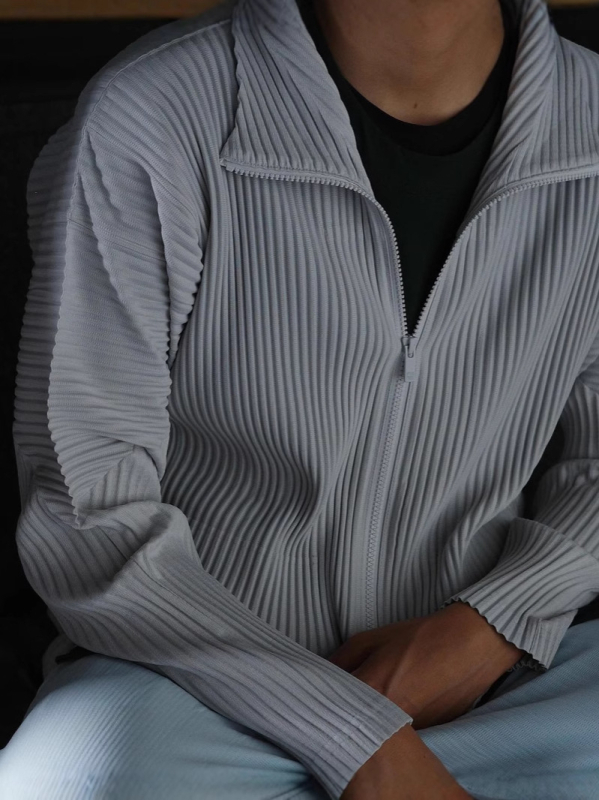 Geacă de bărbați cu pliuri, guler înalt, fermoar, croială lejeră, stil japonez