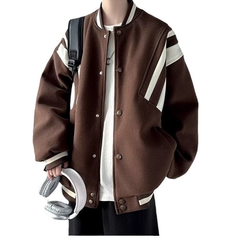 Geacă bomber patchwork în stil american, pentru bărbați și femei, panouri, guler stand, croială lejeră, închidere cu nasturi, potrivită pentru primăvară și toamnă