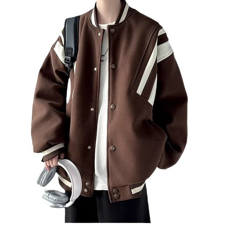 Geacă bomber patchwork în stil american, pentru bărbați și femei, panouri, guler stand, croială lejeră, închidere cu nasturi, potrivită pentru primăvară și toamnă