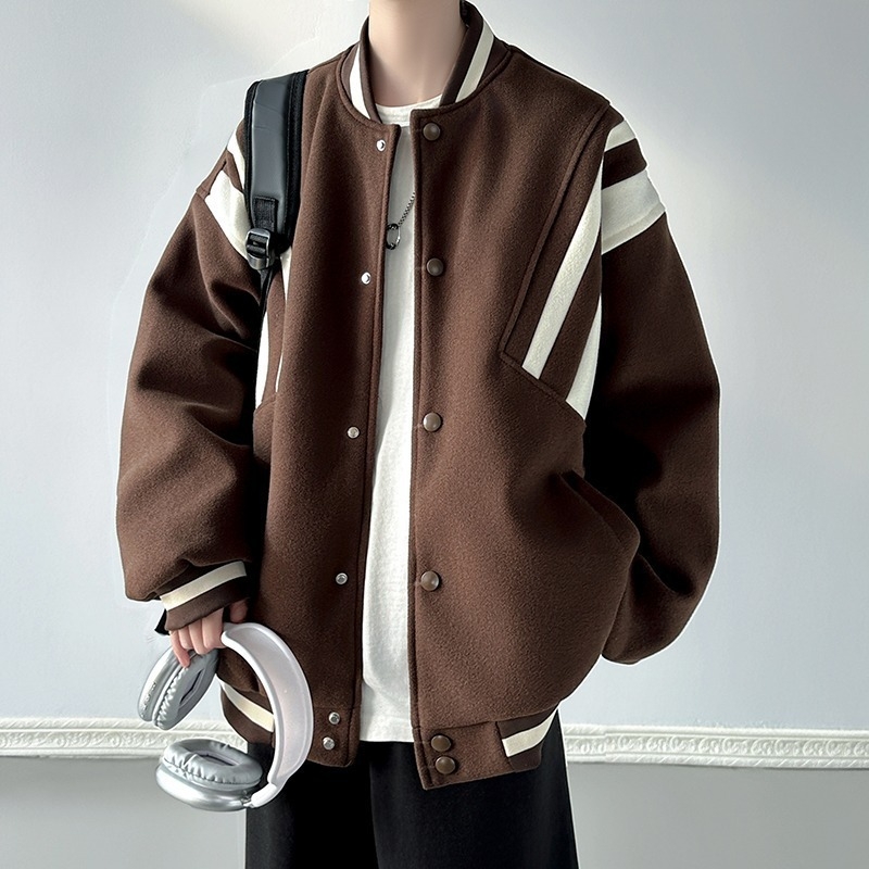 Geacă bomber patchwork în stil american, pentru bărbați și femei, panouri, guler stand, croială lejeră, închidere cu nasturi, potrivită pentru primăvară și toamnă