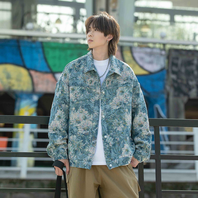 Geacă din denim jacquard – stil Street Tide, croială lejeră, închidere frontală cu nasturi pe un rând