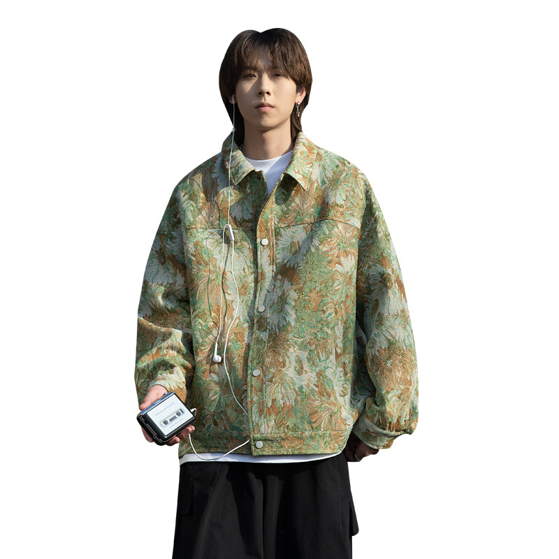 Geacă din denim jacquard – stil Street Tide, croială lejeră, închidere frontală cu nasturi pe un rând