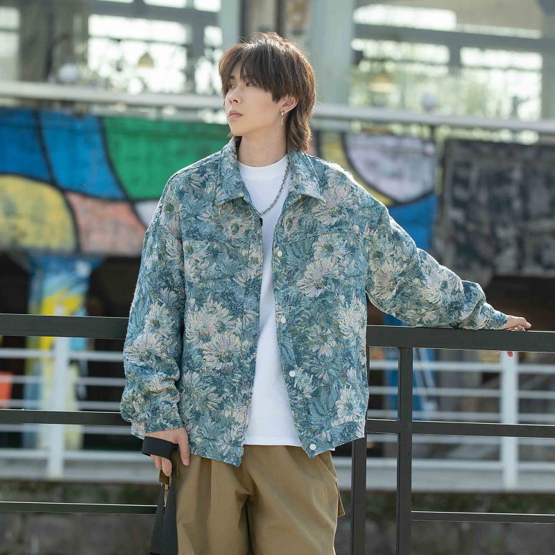 Geacă din denim jacquard – stil Street Tide, croială lejeră, închidere frontală cu nasturi pe un rând