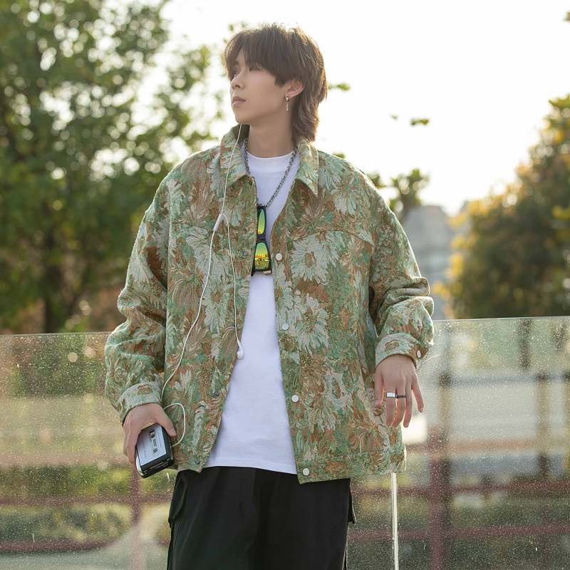 Geacă din denim jacquard – stil Street Tide, croială lejeră, închidere frontală cu nasturi pe un rând