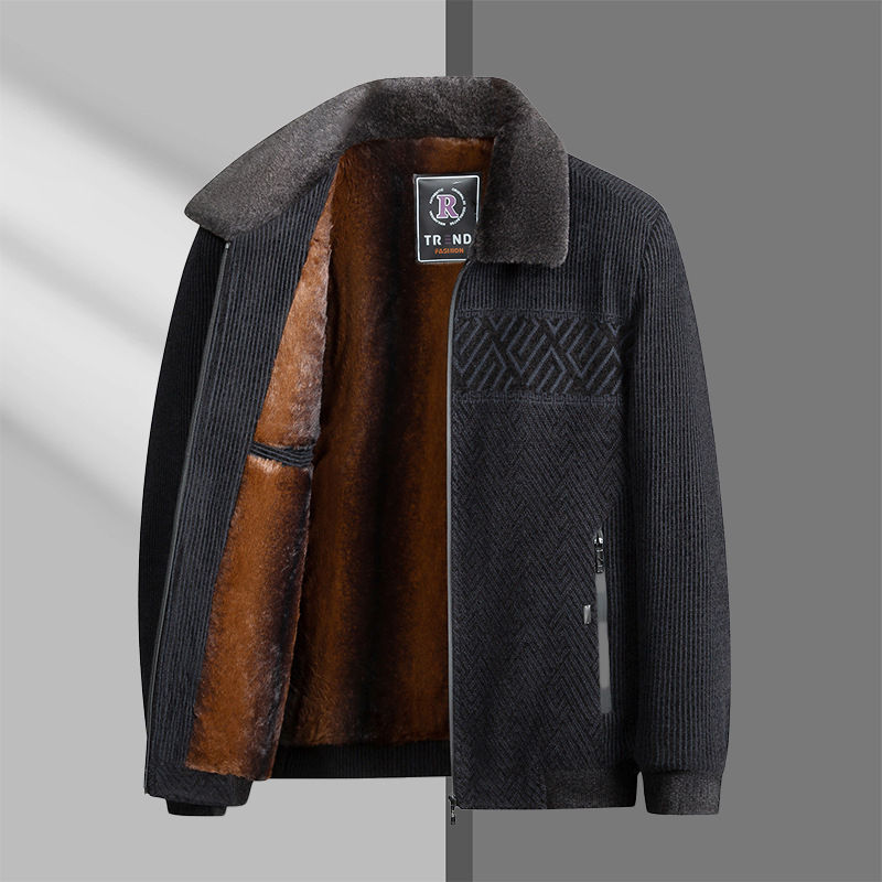 Geacă bărbătească din corduroy, guler înalt, fermoar, buzunare laterale