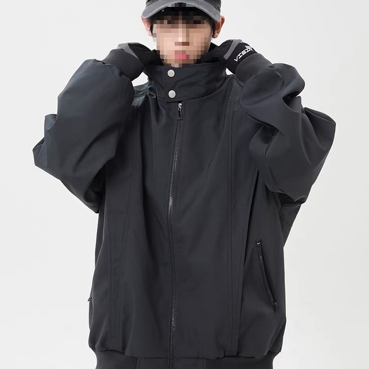 Jachetă - Streetwear tineret, guler înălțat, croi larg, fermoar decorativ, buzunare laterale, primăvară-toamnă