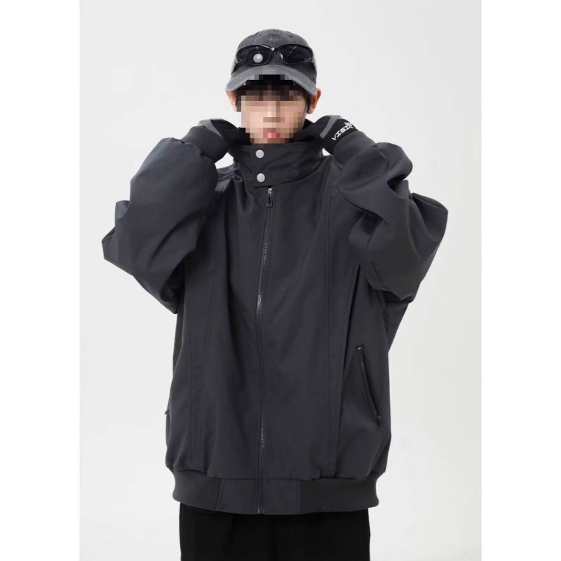 Jachetă - Streetwear tineret, guler înălțat, croi larg, fermoar decorativ, buzunare laterale, primăvară-toamnă