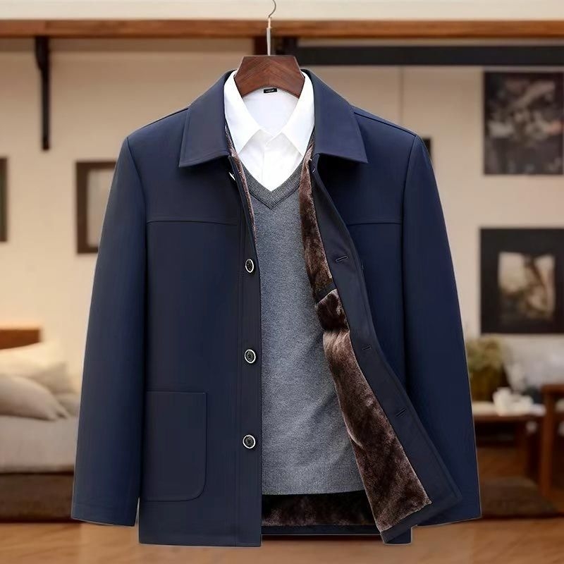 Geacă de bărbați cu rever, căptușită cu fleece; material principal: blană de iepure; căptușeală 95%+; buzunare patch; fără glugă