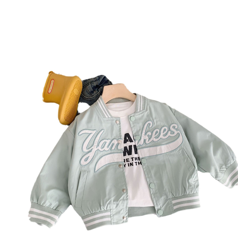 Geacă pentru copii cu litere brodate, guler rotund, mâneci lungi, poliester, lungime medie