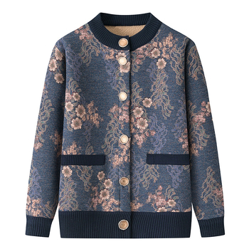 Őszi–téli női cardigan fleece-bevonatú bélésével, hosszú ujjú, körk nyakú, növény- és virágmintás, poliészter anyag