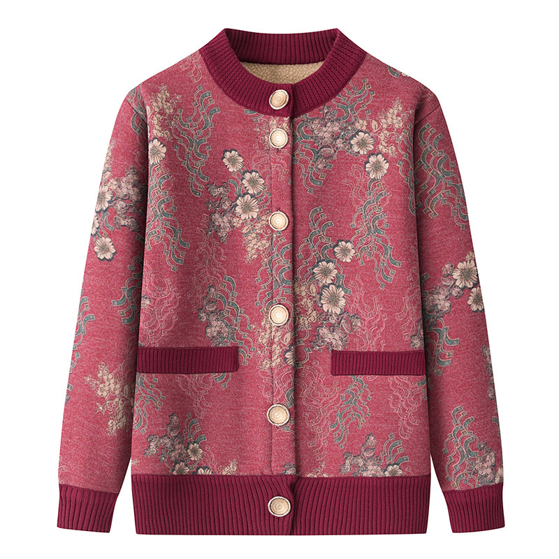 Őszi–téli női cardigan fleece-bevonatú bélésével, hosszú ujjú, körk nyakú, növény- és virágmintás, poliészter anyag