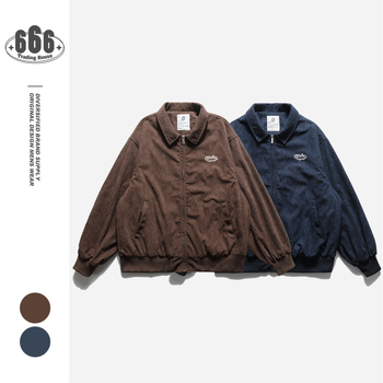 Jachetă din corduroy cu rever, fermoar în față, croială lejeră, mâneci lungi