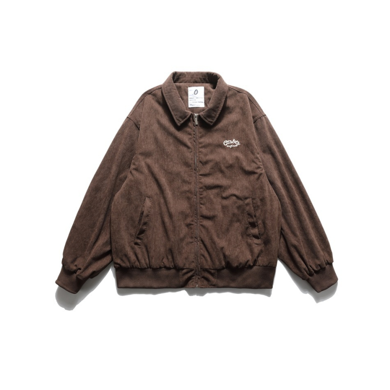 Jachetă din corduroy cu rever, fermoar în față, croială lejeră, mâneci lungi