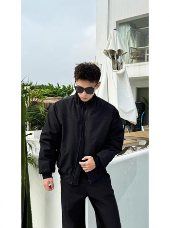 Jachetă pentru bărbați cu guler înalt, fermoar, croială lejeră, material din amestec bumbac poliester, căptușeală poliester