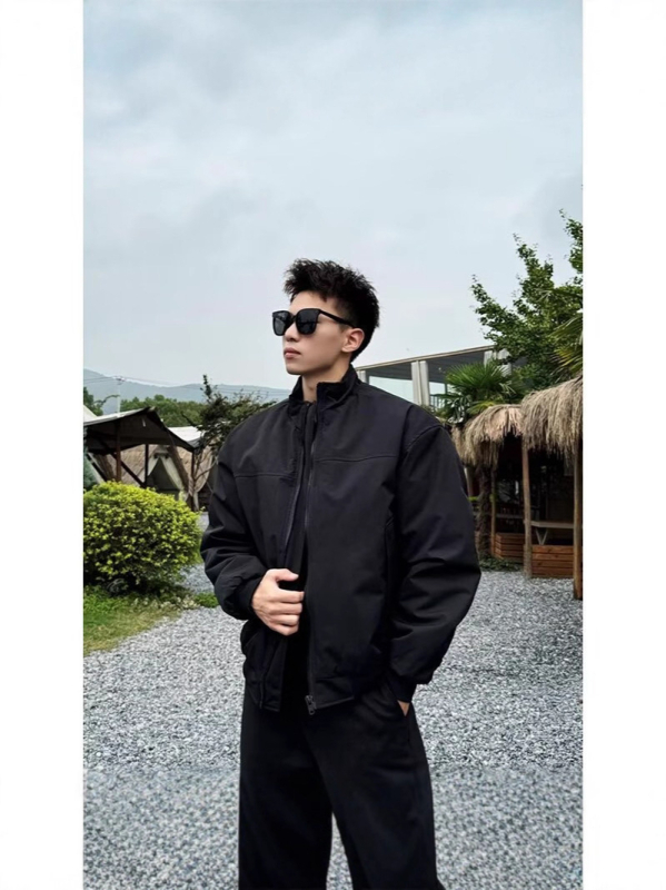 Jachetă pentru bărbați cu guler înalt, fermoar, croială lejeră, material din amestec bumbac poliester, căptușeală poliester